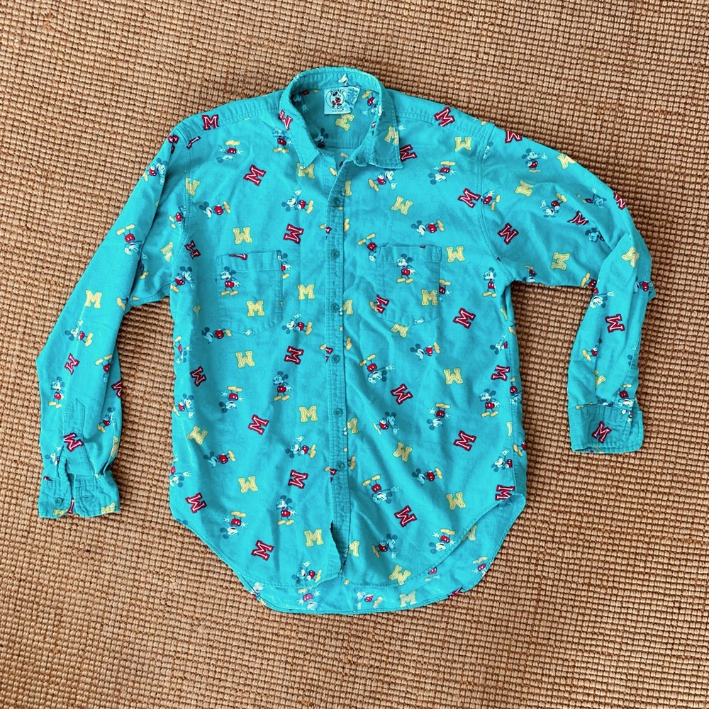 Vintage Mickey‎ and Co Mickey Mouse burton down shirt green with mickeys and M’s